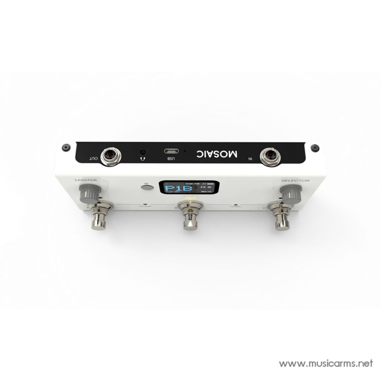 Top view of a MOSAIC guitar effects unit with three footswitches, a small display showing 'F18', and Master/Selector knobs on the sides. ขายราคาพิเศษ
