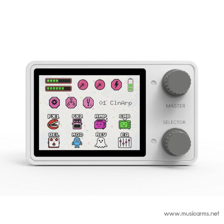 White handheld audio effects device with a touchscreen showing pink icons and labeled modules (FX1, FX2, AMP, CAB, DEL, MOD, REV, EQ) and two gray knobs; brand www.musicarms.net visible at bottom-right ขายราคาพิเศษ