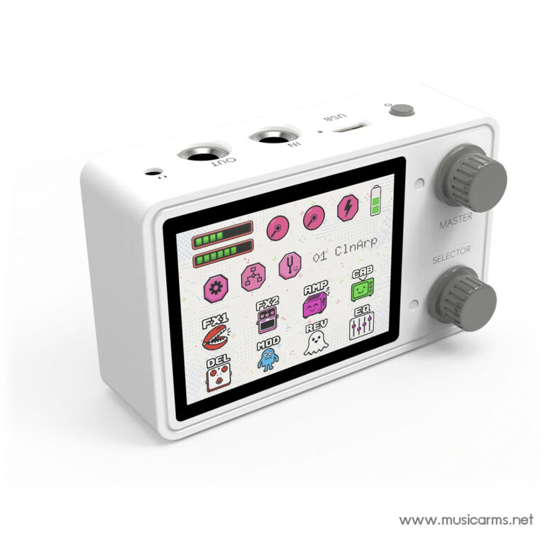 White handheld music device with a pixel-art style screen showing colorful icons and two large gray knobs on the right labeled Master and Selector. ขายราคาพิเศษ