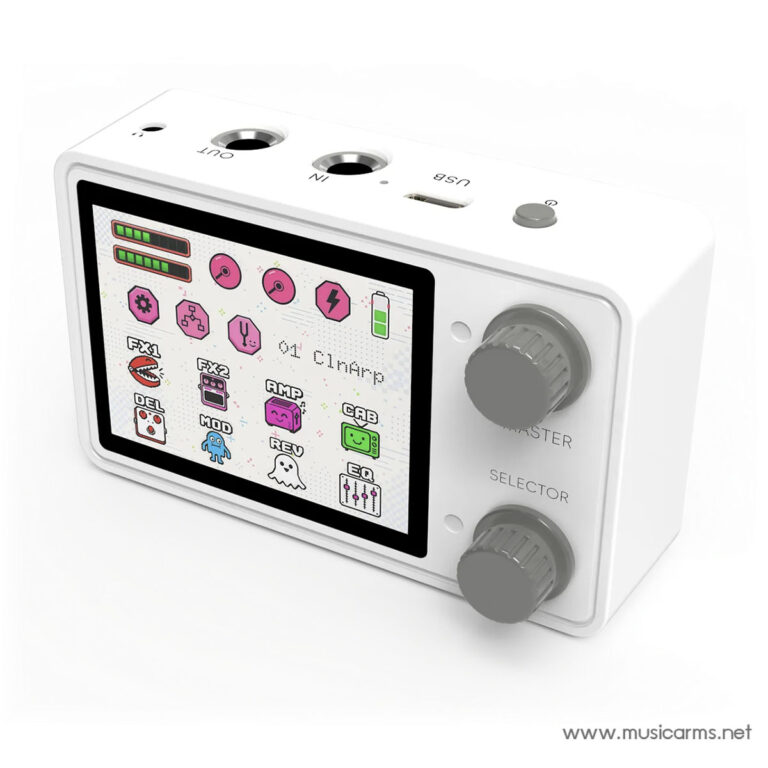 White handheld multi-effect audio unit with a color icon screen and two gray knobs on the right; shows FX icons and settings on its display. ขายราคาพิเศษ