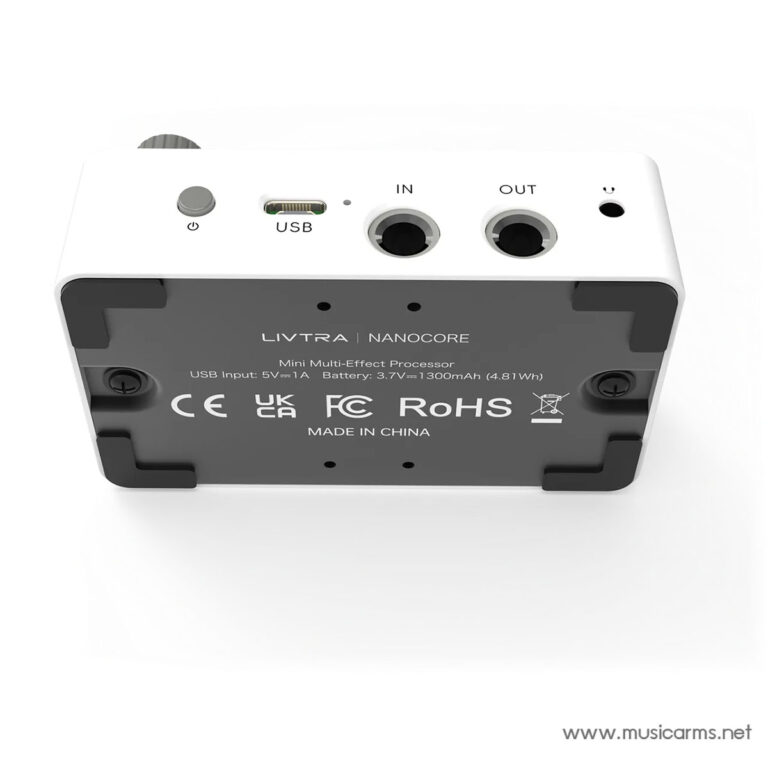 Bottom view of Livtra Nanocore mini multi-effect processor showing USB, IN, OUT ports and power button on a white chassis. ขายราคาพิเศษ