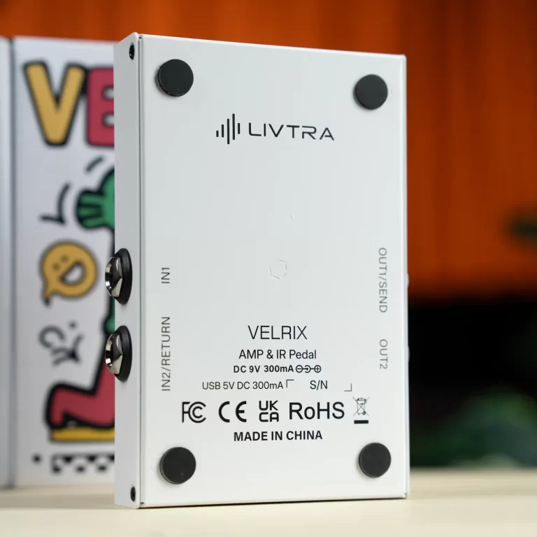 Velrix AMP & IR Pedal standing upright with ports labeled In1, In2, Out1, Out2; made in China, USB power details visible on the front panel ขายราคาพิเศษ