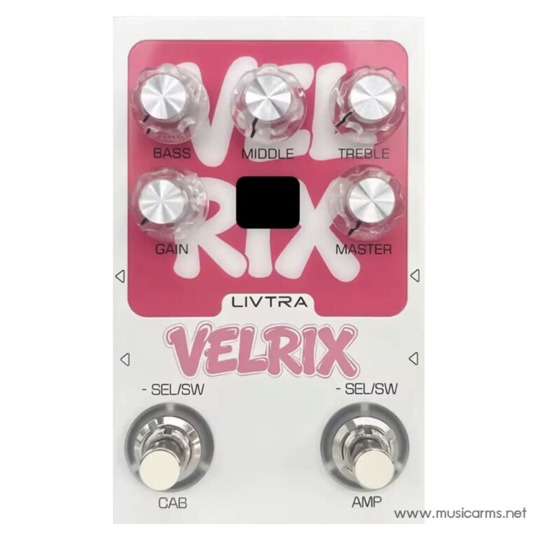Pink Livtra Velrix guitar effects pedal with five knobs (Bass, Middle, Treble, Gain, Master) and two footswitches (CAB, AMP). ขายราคาพิเศษ