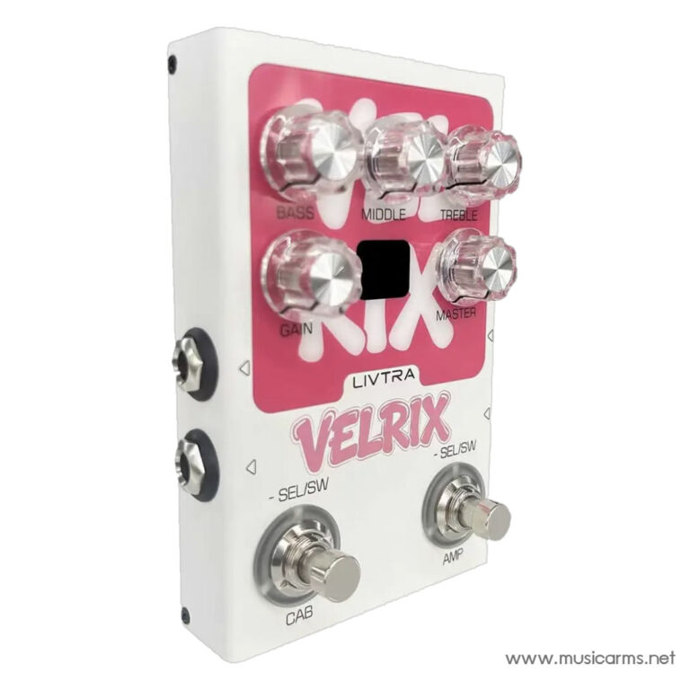 Livtra Velrix guitar effects pedal with pink front panel, six chrome knobs (Bass, Middle, Treble, Gain, Master) and two footswitches on a white enclosure ขายราคาพิเศษ