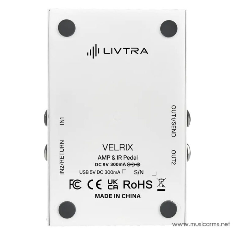 LIVTRA Velrix AMP & IR Pedal back panel with IN1/IN2, OUT1/OUT2 jacks and branding visible on a white surface. ขายราคาพิเศษ