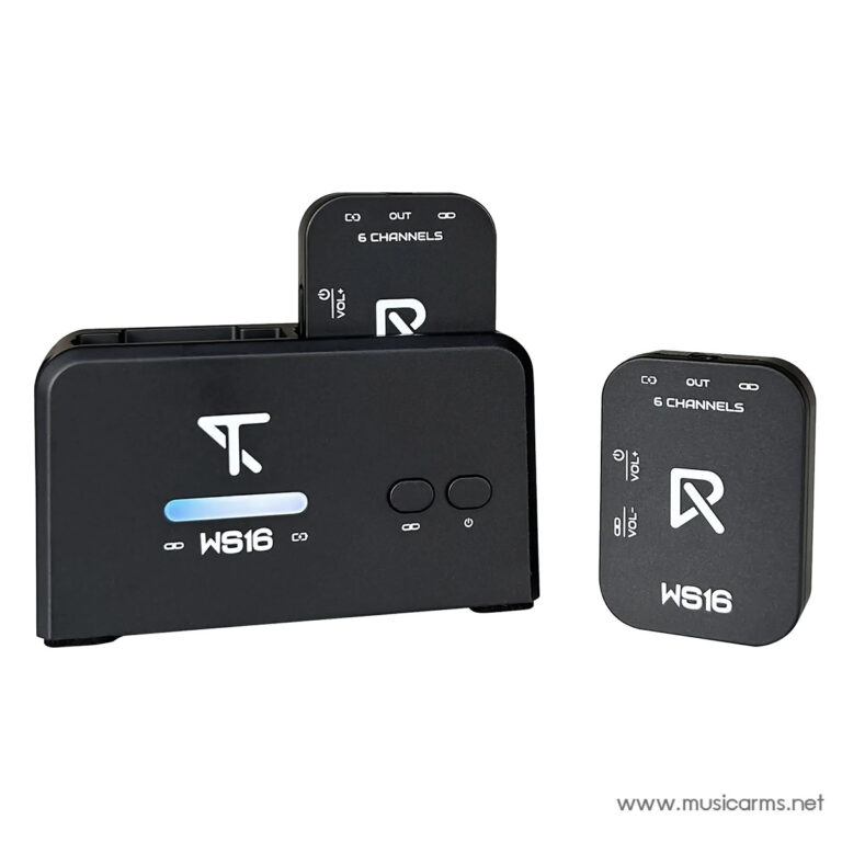 Wireless guitar system with a main transmitter and separate receiver (WS16, 6 channels).