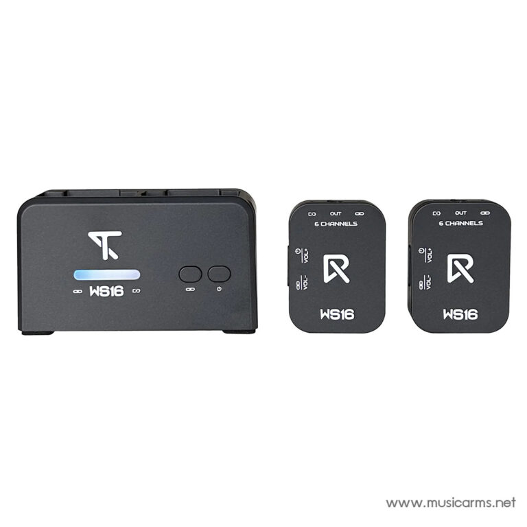 Wireless guitar system with a main transmitter on the left and two compact receivers on the right (WS16, 6 channels) ขายราคาพิเศษ