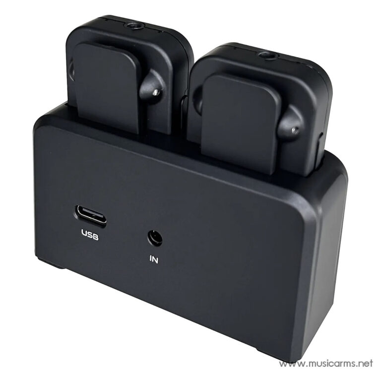 Dual-slot battery charger dock with two removable battery modules on top; front features a USB port and an input jack. ขายราคาพิเศษ
