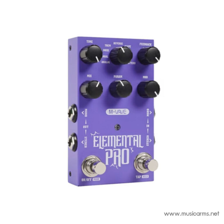 Purple Elemental Pro M-Vave guitar effects pedal with six black knobs and two footswitches, showing input/output jacks on the side and the brand name. ขายราคาพิเศษ