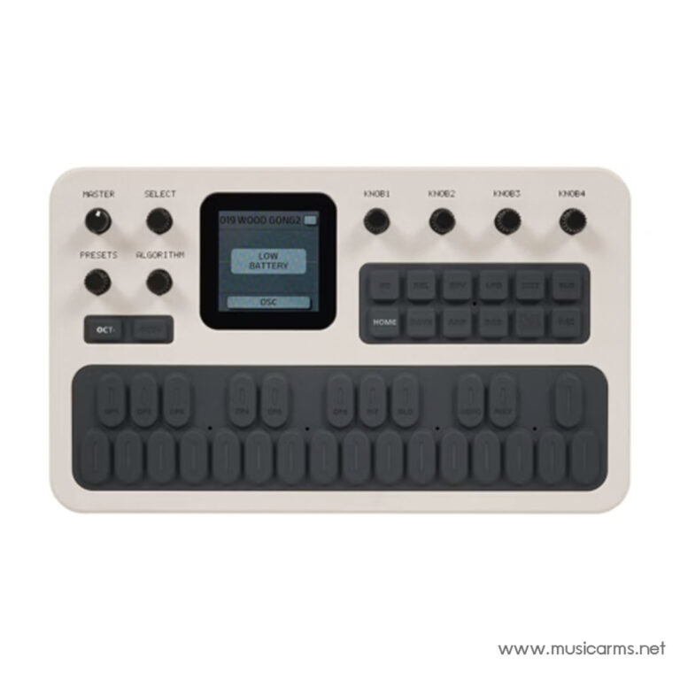 Compact white music controller with a grid of dark rubber pads, a small central display, and labeled knobs on top—used for live triggering and sequencing. ขายราคาพิเศษ