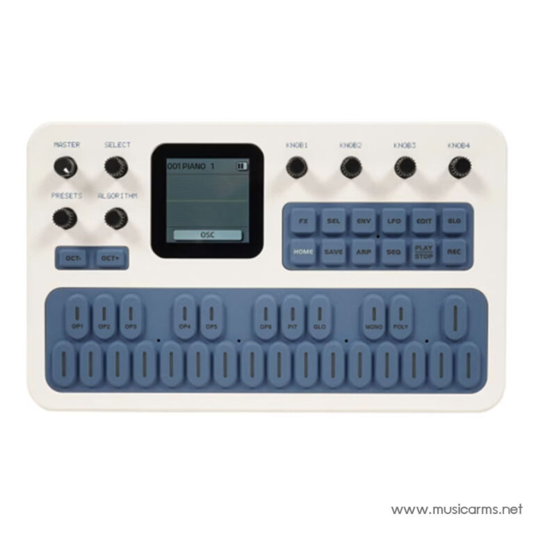 Portable music synthesizer with a small color screen, blue rubber pads, and row of blue knobs on a white body, used for creating beats and melodies. ขายราคาพิเศษ