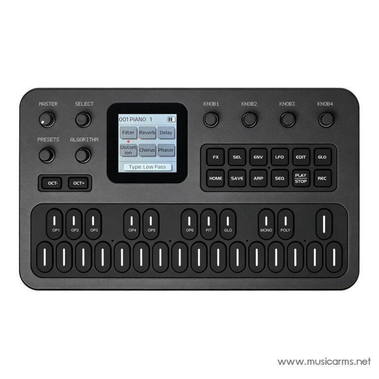 Black music controller with a grid of sliders, knobs, and a small color screen for dialing presets and effects, used for electronic music. ขายราคาพิเศษ