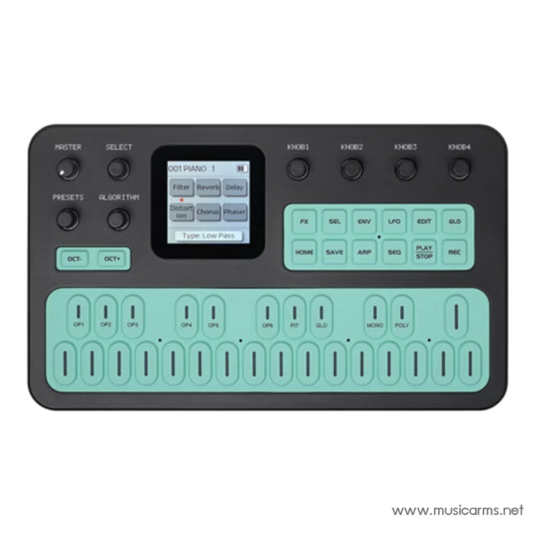 Compact MIDI controller with turquoise rubber pads, a small color display, and labeled function buttons on a dark body. ขายราคาพิเศษ