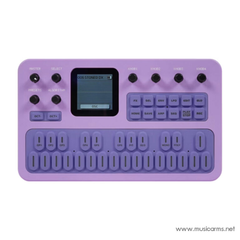 Purple MIDI controller with a small display, knobs on top, and a row of soft rectangular keys for music production. ขายราคาพิเศษ