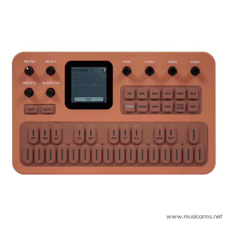 Compact orange mini synthesizer with a small LCD screen, multiple knobs and labeled keys for sound shaping and presets ขายราคาพิเศษ
