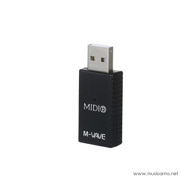 Black USB MIDI adapter dongle with a silver USB-A plug, labeled MIDI M-VAVE and a small hole on the front. Used to connect MIDI devices to a computer. ขายราคาพิเศษ