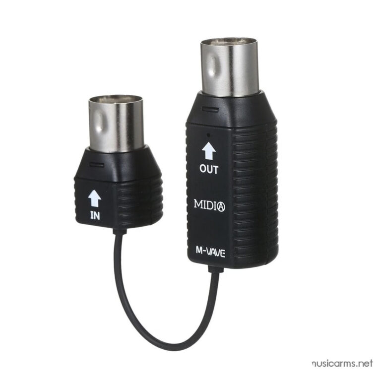 MIDI connector adapter with IN and OUT labels, connected by a short black cable on a white background. ขายราคาพิเศษ