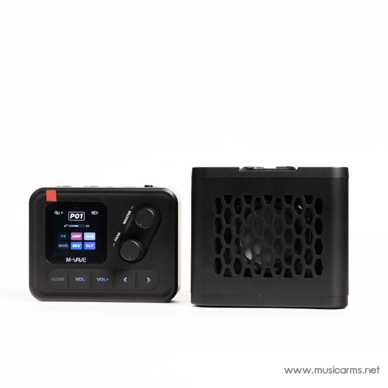 Compact black control unit with a small colorful display and knobs beside a vented black box on a white background; watermark www.musicarms.net. ขายราคาพิเศษ