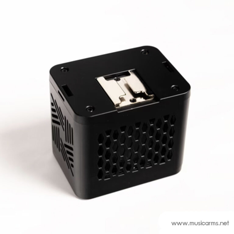 Black cube-shaped electronic enclosure with honeycomb side vents and a metal battery/contact plate on top ขายราคาพิเศษ