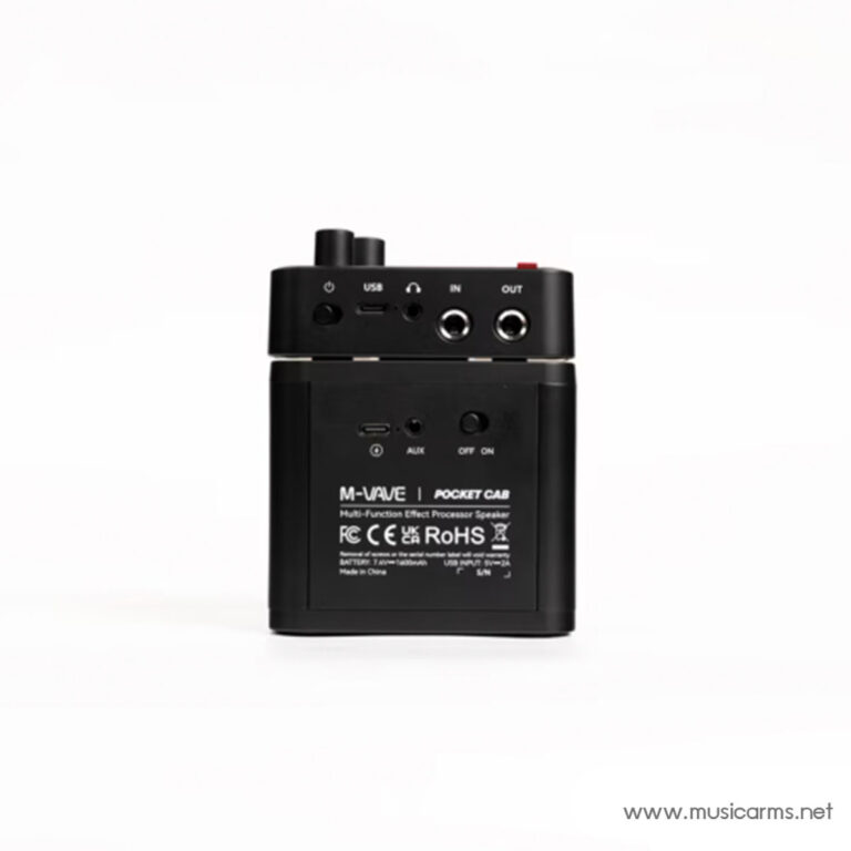 Compact black pocket-cab style multi-function speaker with USB and AUX ports, showing top controls and back label (MusicArms product) ขายราคาพิเศษ