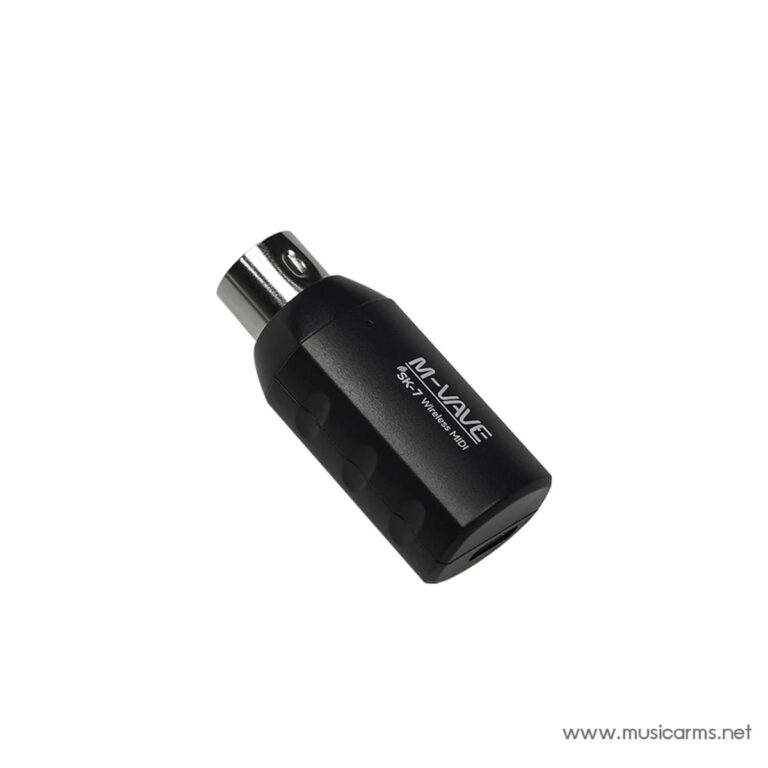 Compact black wireless MIDI adapter dongle with a male 5-pin DIN MIDI plug and a branded side label (wireless MIDI) on its body ขายราคาพิเศษ