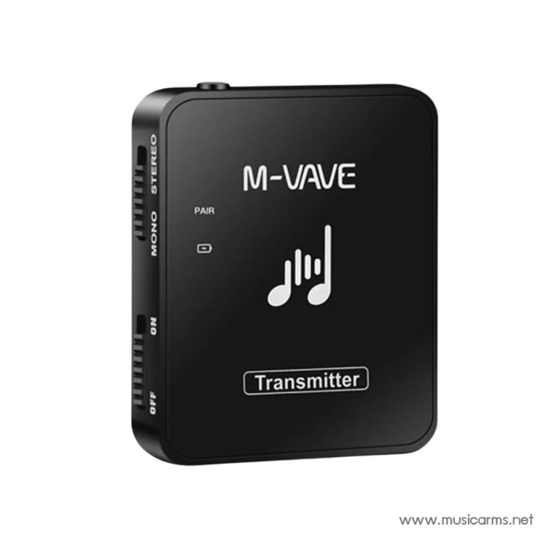 Compact black M-VAVE transmitter for wireless audio with a 'Transmitter' label and music-note icon on the front, used to send audio wirelessly. ขายราคาพิเศษ