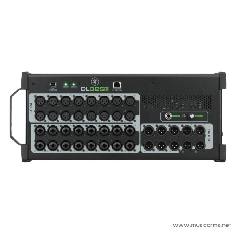 Back panel of a DL325E multi-channel audio interface with numerous XLR/TRS input and output sockets arranged in two rows, plus power, status LEDs, and a headphone/monitor area on the right side. ขายราคาพิเศษ