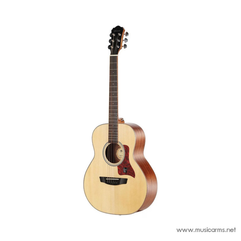 Full view of a natural wood acoustic guitar with a light top, dark sides, and a red tortoiseshell pickguard ขายราคาพิเศษ