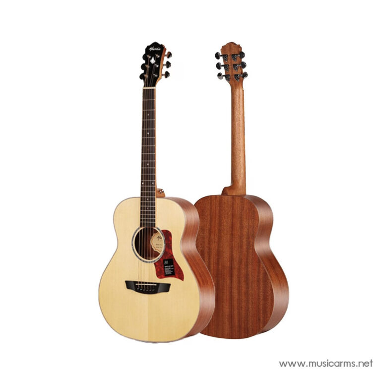 Two acoustic guitars shown from front and back against a white background, one light and one dark wood finish. ขายราคาพิเศษ