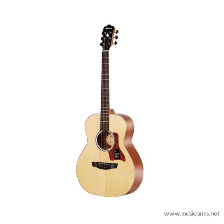Full view of an acoustic dreadnought guitar with a light spruce top, dark neck, and red pickguard on a white background. ขายราคาพิเศษ
