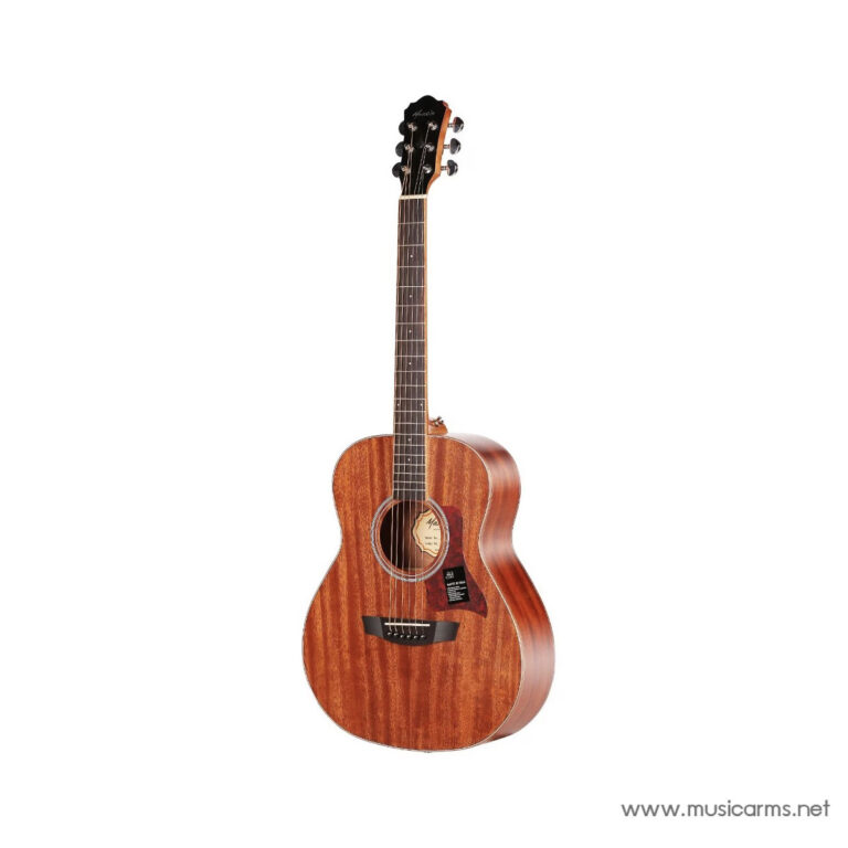 Full-length image of a wooden acoustic guitar with a reddish-brown finish, six strings, and a circular soundhole, watermark www.musicarms.net in the corner ขายราคาพิเศษ