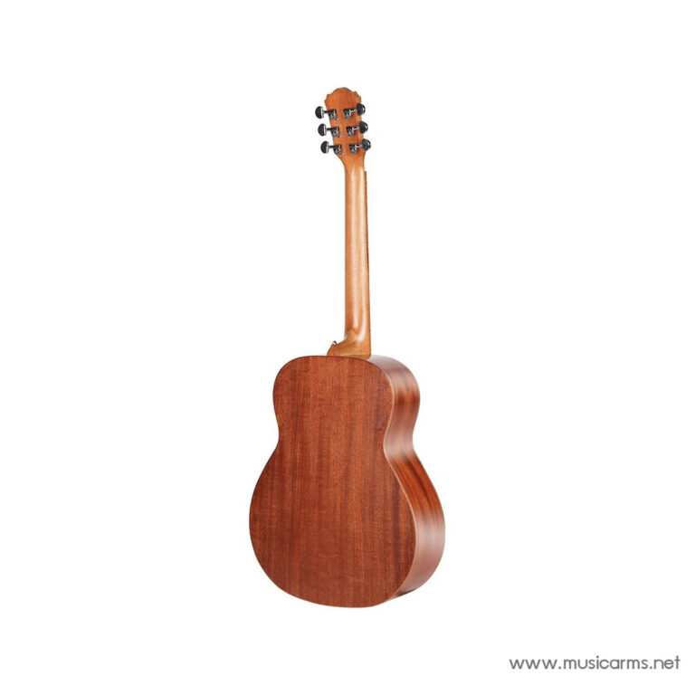 Back view of a brown wooden acoustic guitar with a polished finish, neck extending upward and tuning pegs visible on the headstock against a white background. ขายราคาพิเศษ