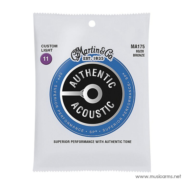 Martin & Co Custom Light 11 guitar strings in white packaging with a blue circular 'Authentic Acoustic' logo. ขายราคาพิเศษ