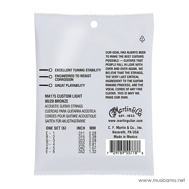 Back of a Martin guitar strings package showing features, string gauges for a six-string set, and brand information. ขายราคาพิเศษ