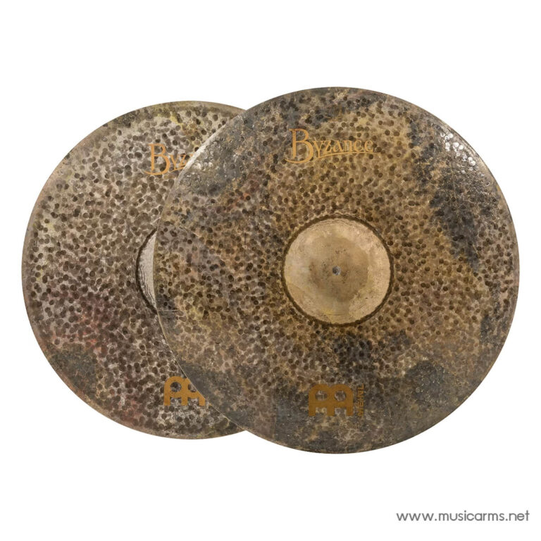 Two hammered bronze cymbals overlapping, Byzance branding visible on the surface, ready for a drum kit. ขายราคาพิเศษ