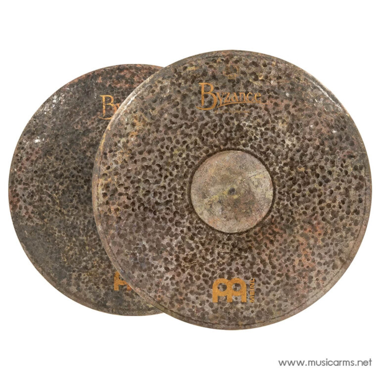 Pair of rusted, hammered cymbals from the Meinl Byzance line, stacked with orange branding visible. ขายราคาพิเศษ