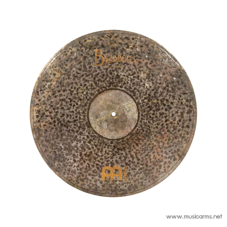 Rusty cymbal with hammered surface and orange 'Byzance' logo, centered hole for mount, used in drums. ขายราคาพิเศษ