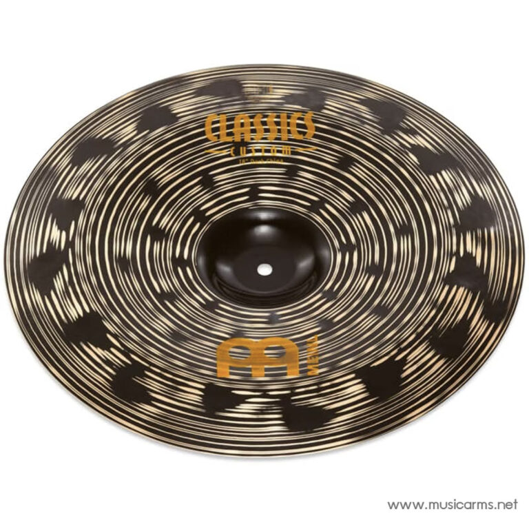 Circular patterned cymbal with concentric rings and dark splash marks, featuring orange branding near the center and a small web address at the edge. ขายราคาพิเศษ