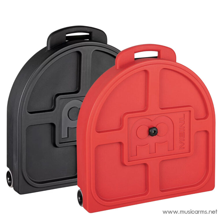 Two circular hard-shell travel cases with handles and small wheels, one red and one black, branded Meinl for easy transport of percussion gear. ขายราคาพิเศษ