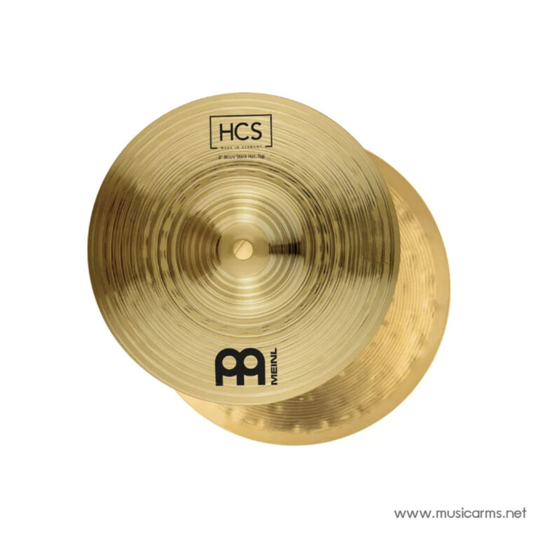 Pair of golden cymbals stacked together, branded HCS by Meinl (drum kit hardware). ขายราคาพิเศษ
