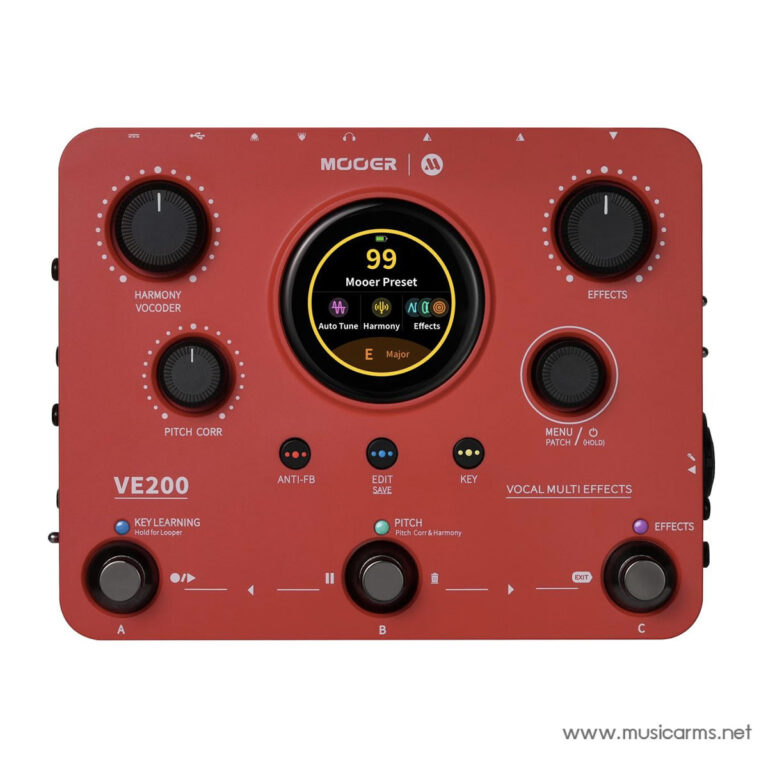 Red Mooer VE200 vocal multi-effects processor with a central circular display and multiple knobs labeled Harmony, Pitch, and Effects on a red panel. ขายราคาพิเศษ