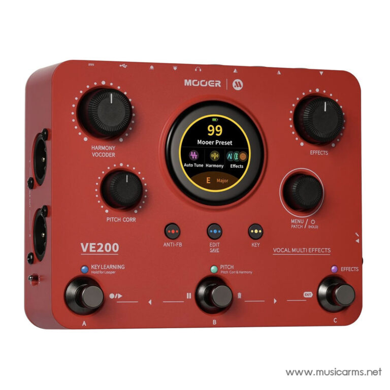 Red Mooer VE200 vocal multi-effects pedal with a circular central display and multiple knobs and buttons on a red panel. ขายราคาพิเศษ