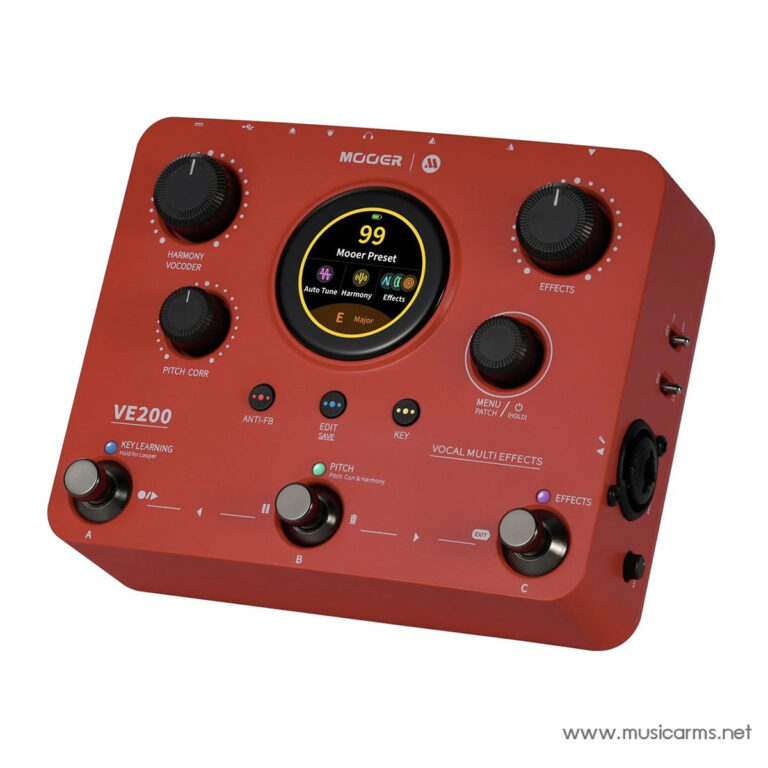Red Mooer VE200 vocal effects processor with multiple knobs and a central circular display showing preset 99 Mooer Preset, Harmony, Effects, and pitch controls ขายราคาพิเศษ
