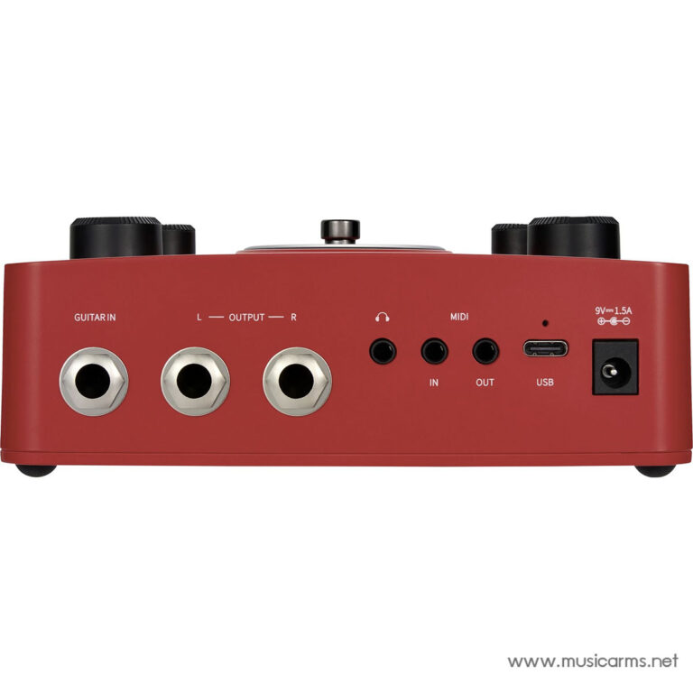 Front panel of a red guitar multi-effects device showing Guitar In, Left/Right outputs, MIDI, USB, and power jack. ขายราคาพิเศษ