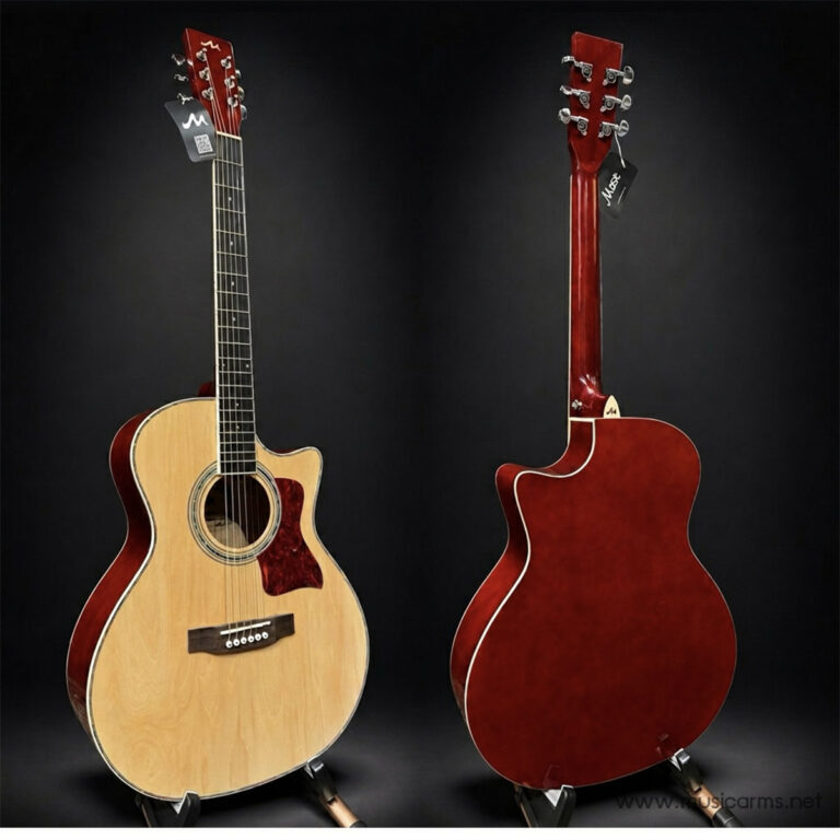 Two acoustic guitars on stands against a dark backdrop: a natural wood top left and a red guitar facing away on the right. ขายราคาพิเศษ