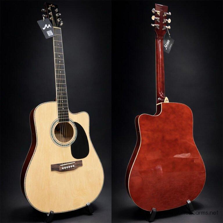 Front view of a natural wood acoustic guitar with a black pickguard and soundhole, standing on a black backdrop (left panel). ขายราคาพิเศษ