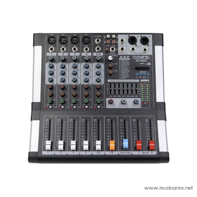 Professional audio mixing console with six channels, faders, knobs, and input jacks for sound control. ขายราคาพิเศษ