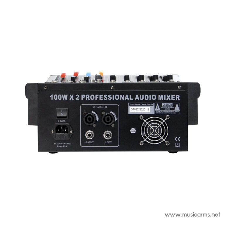 Rear view of a 100W x 2 professional audio mixer; includes power switch, AC input, speaker outputs, and left/right jacks. ขายราคาพิเศษ