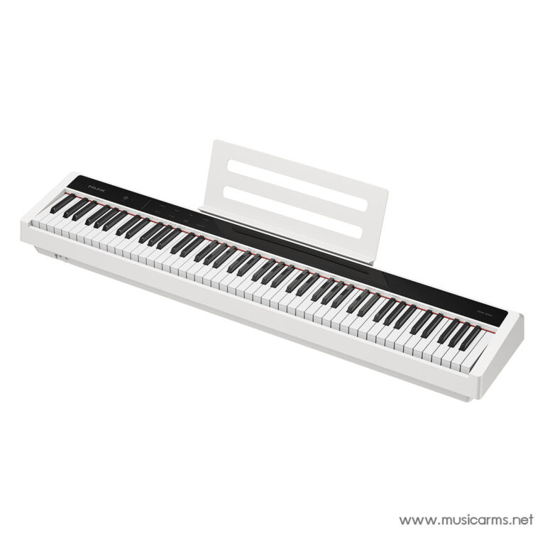 White digital piano keyboard with stand and sheet music rest, shown at an angle with 88 keys visible. ขายราคาพิเศษ