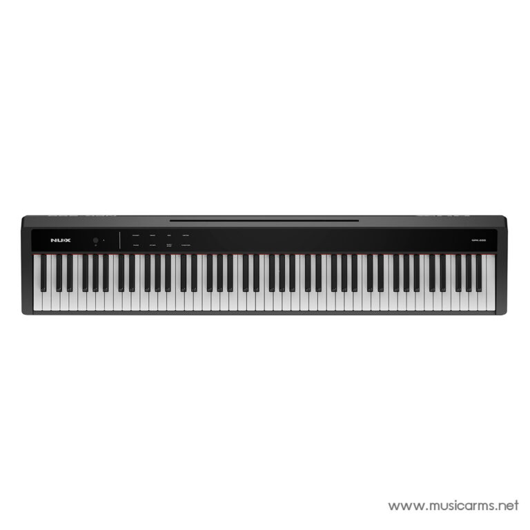 Full-length black digital piano with 88 keys, red trim, and NUX logo on the left side ขายราคาพิเศษ